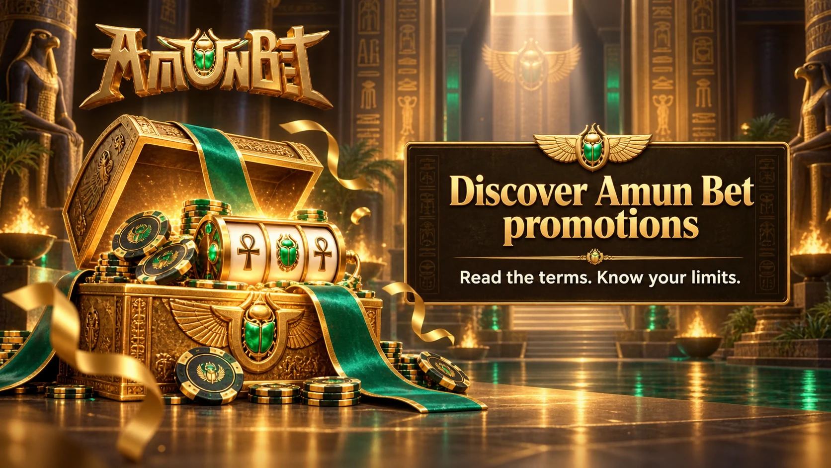 Amun Bet Egyptian treasure scene with promotion information